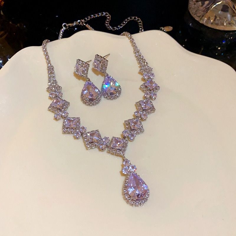 High-Brilliance Zircon Necklace and Earring Set, Evening, Wedding, and Party Jewelry for Women