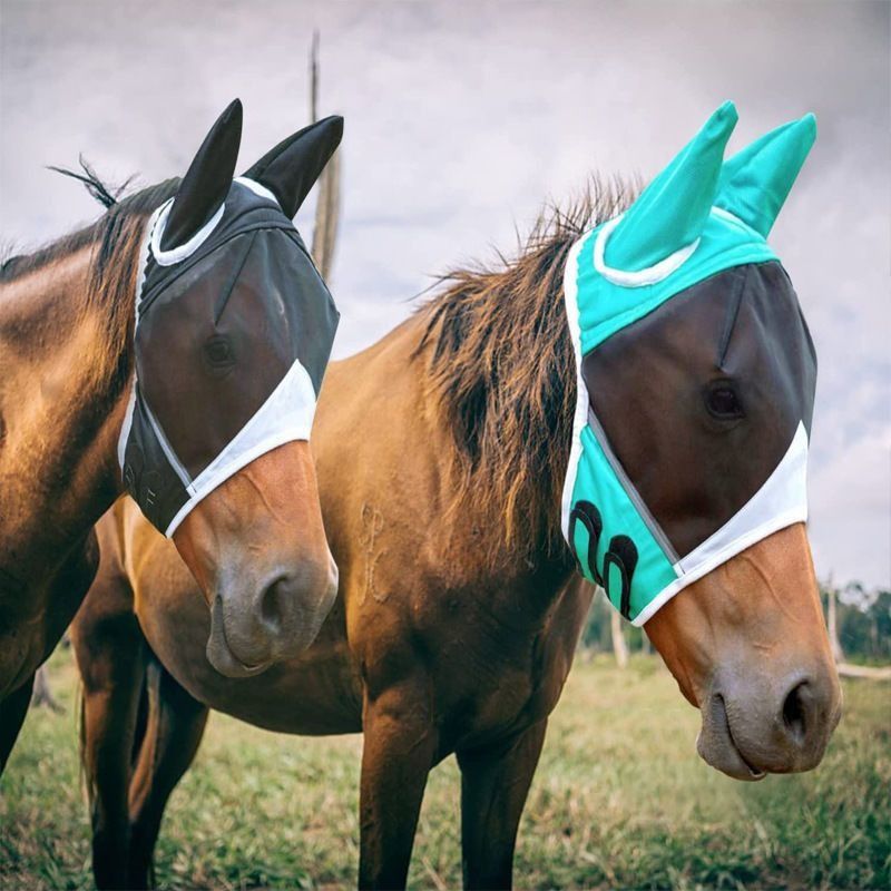 Breathable Horse Face Mask - Mosquito, Insect, and Fly Protection - Equestrian and Race Horse Head Cover - Blue - L