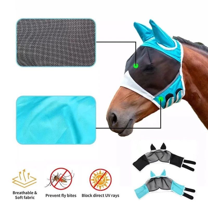 Breathable Horse Face Mask - Mosquito, Insect, and Fly Protection - Equestrian and Race Horse Head Cover - Blue - M