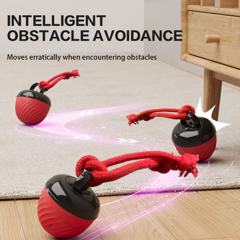 Electric Rolling Pet Ball for Cats and Dogs, Durable, Chew-Resistant, Rope-Knot, Squeaky, and Glowing Toy - Red