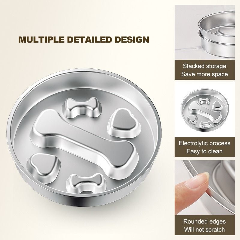 2-Piece Stainless Steel Slow Feeder Set for Pets, Reversible, for Cats and Dogs – Bone Design
