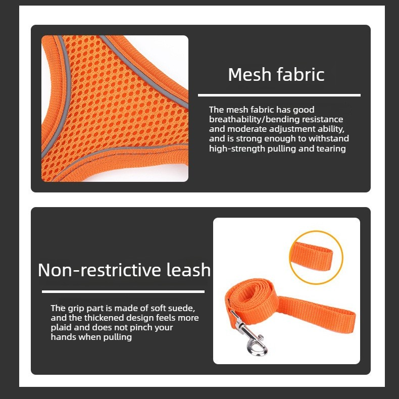Breathable Reflective Pet Harness Set: Vest-Style Dog Harness + Leash - Orange and Blue-L