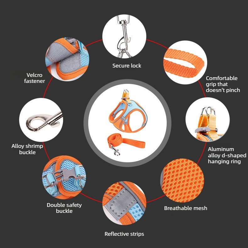 Breathable Reflective Pet Harness Set: Vest-Style Dog Harness + Leash - Pink and Blue-S