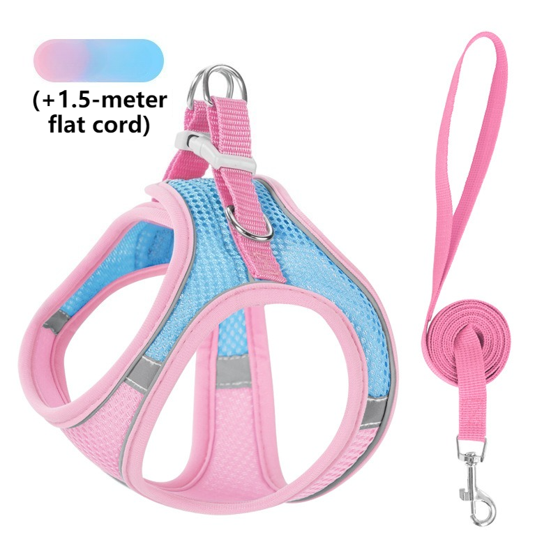 Breathable Reflective Pet Harness Set: Vest-Style Dog Harness + Leash - Pink and Blue-XS
