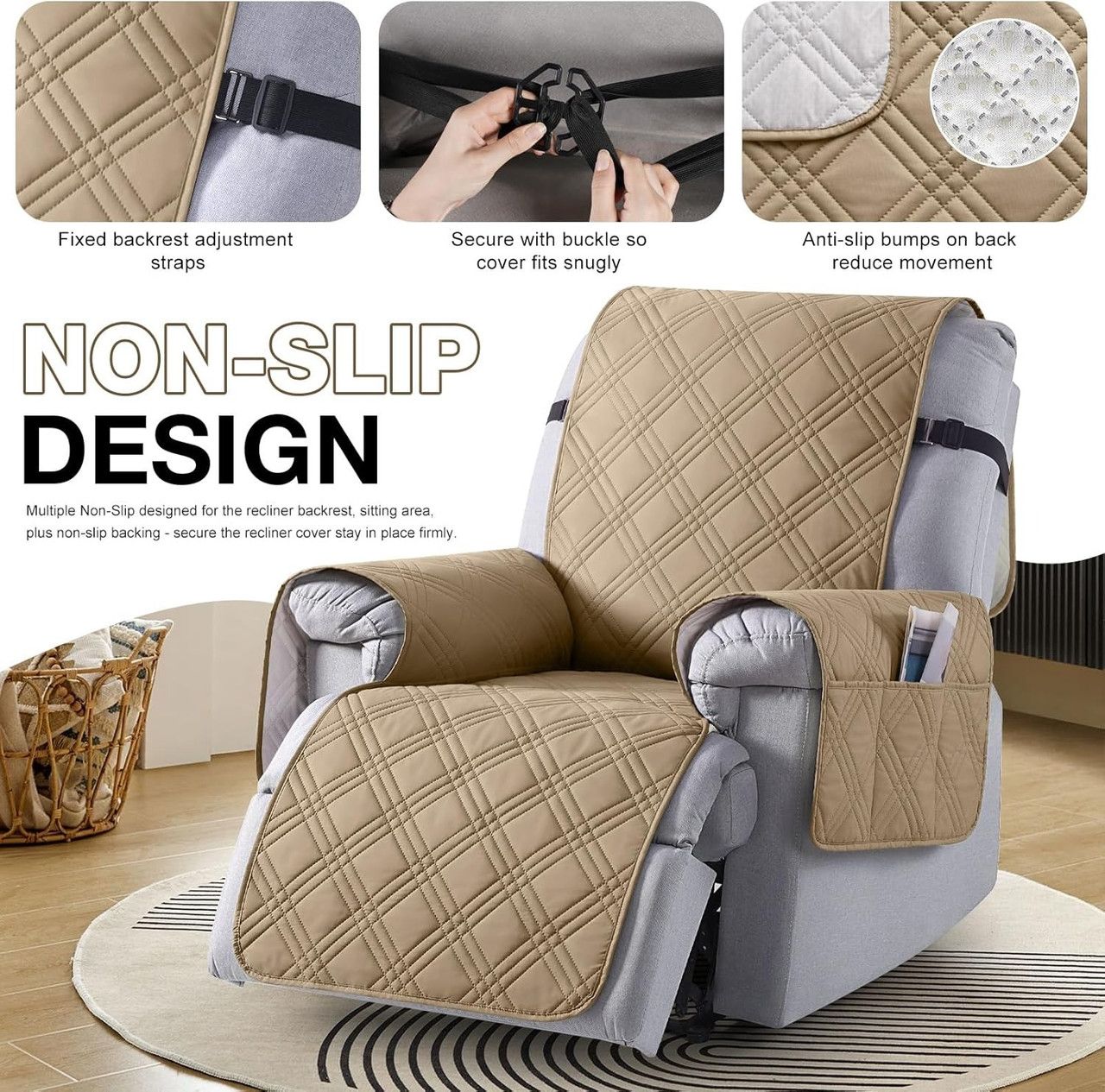 100% Waterproof Triple-Line Quilted Single Armchair Cushion, Non-Slip, Scratch-Resistant, Adjustable - Chocolate Brown-L