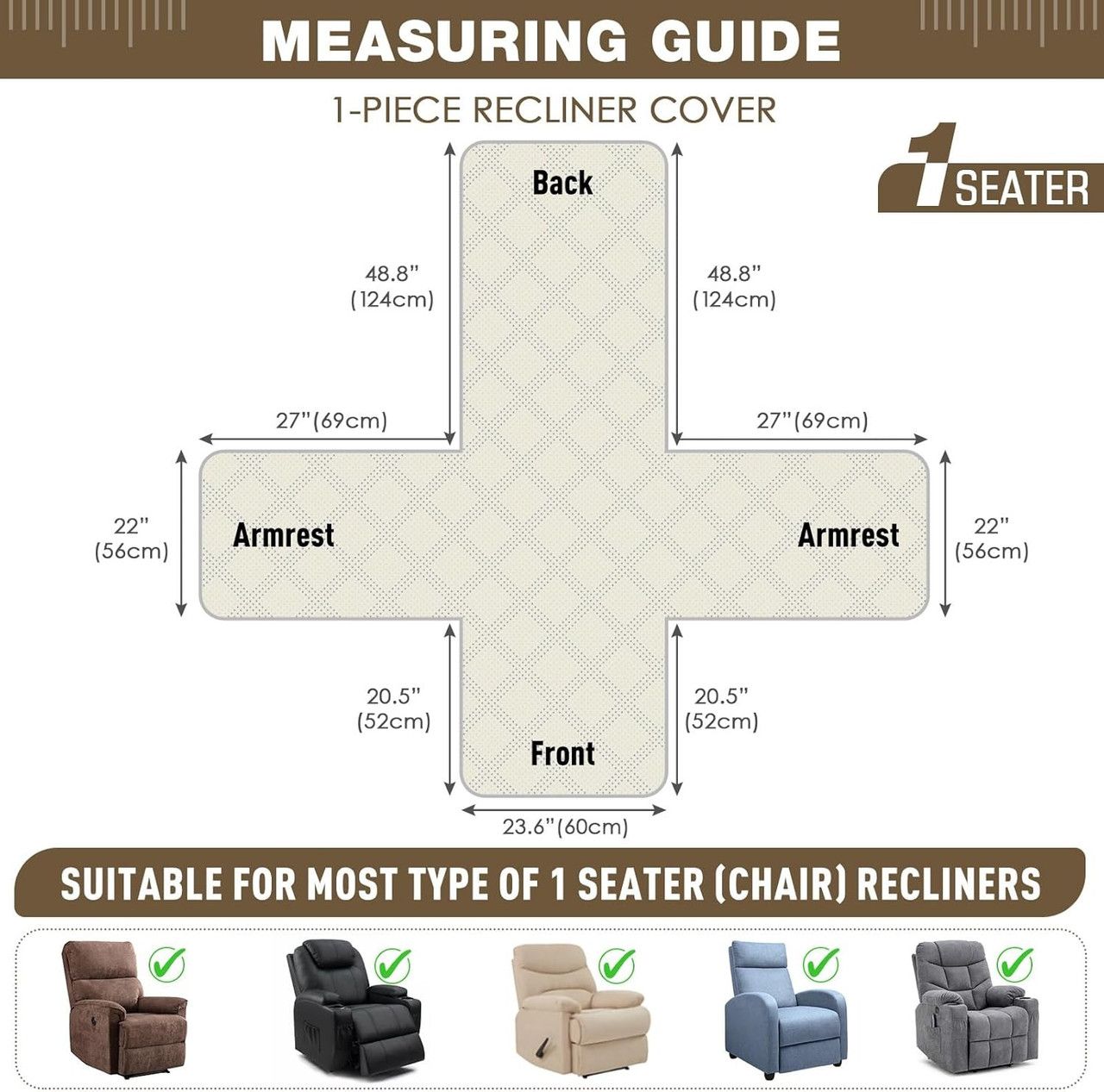 100% Waterproof Triple-Line Quilted Single Armchair Cushion, Non-Slip, Scratch-Resistant, Adjustable - Brown-L