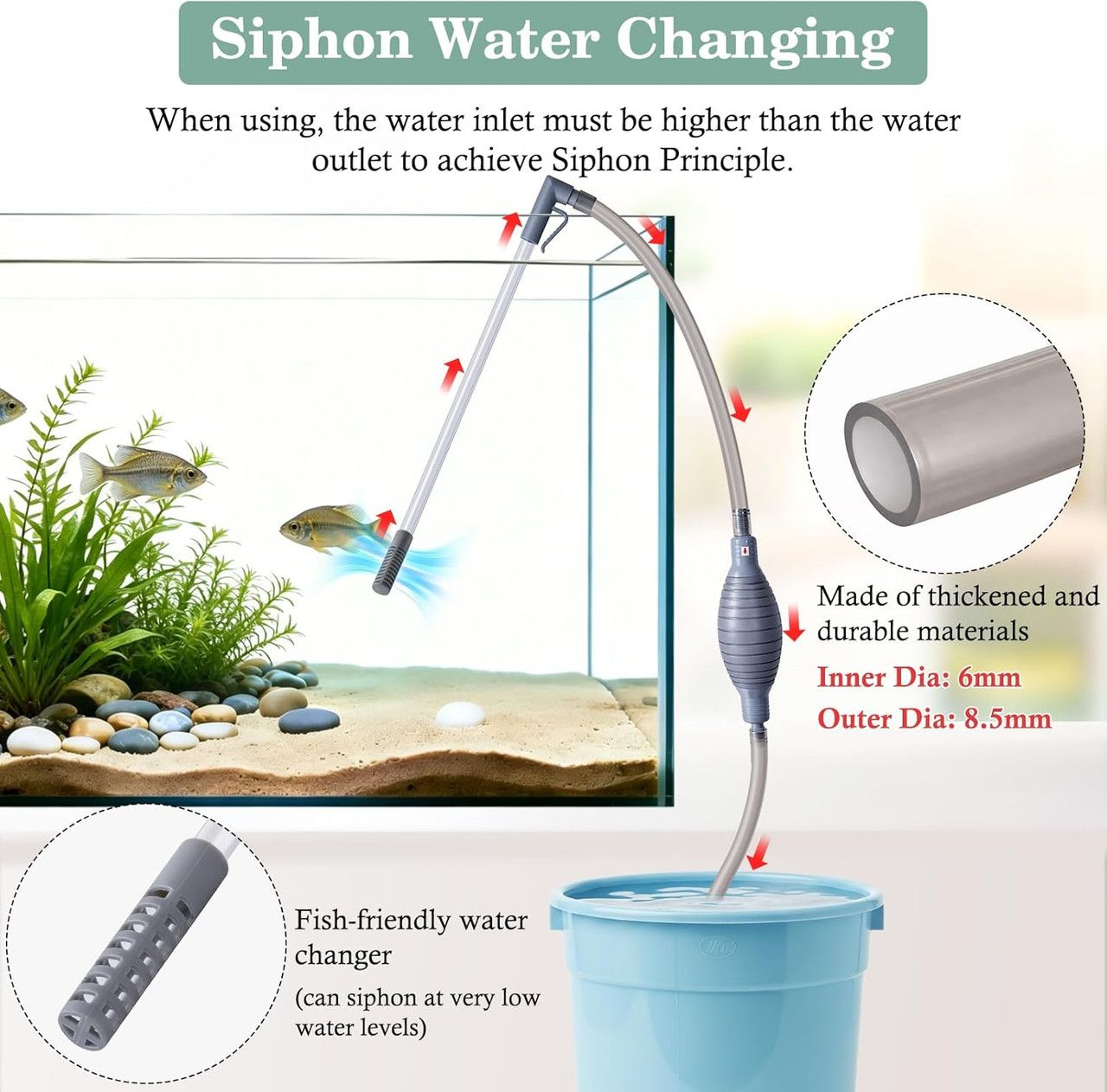 3-in-1 Aquarium Water Change Tool: Sand Cleaning / Waste Removal / Water Change, Siphon Pump - 1.9 m