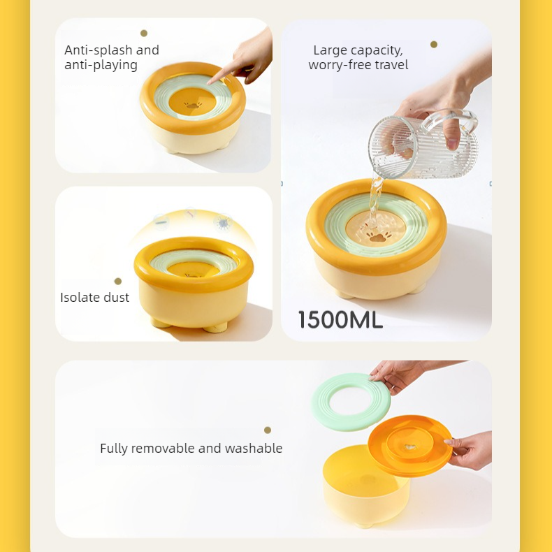 Anti-Splash Floating Pet Water Bowl, 1500ml Large Capacity, Tip-Proof and Chin-Dry Design - Yellow