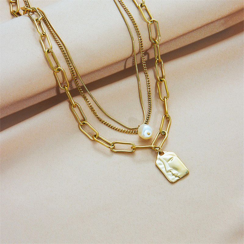 Artistic Face Pearl Necklace, Three-Strand Layered Gold-Plated Collar Necklace, Unique Women's Fashion Necklace - Gold