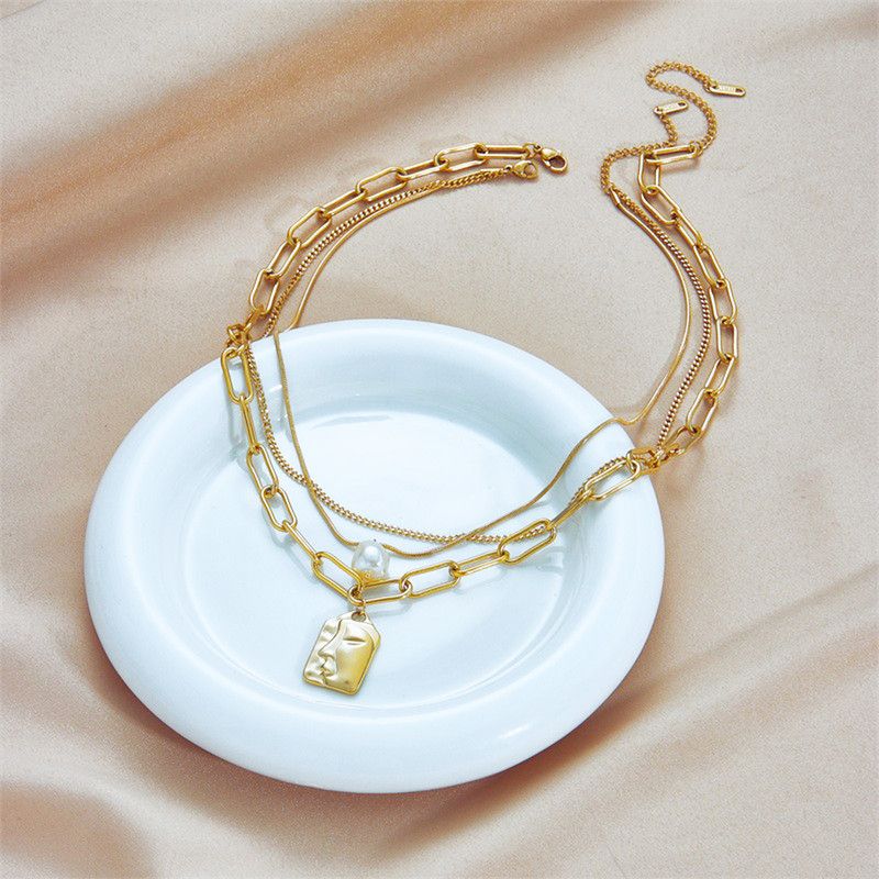 Artistic Face Pearl Necklace, Three-Strand Layered Gold-Plated Collar Necklace, Unique Women's Fashion Necklace - Gold