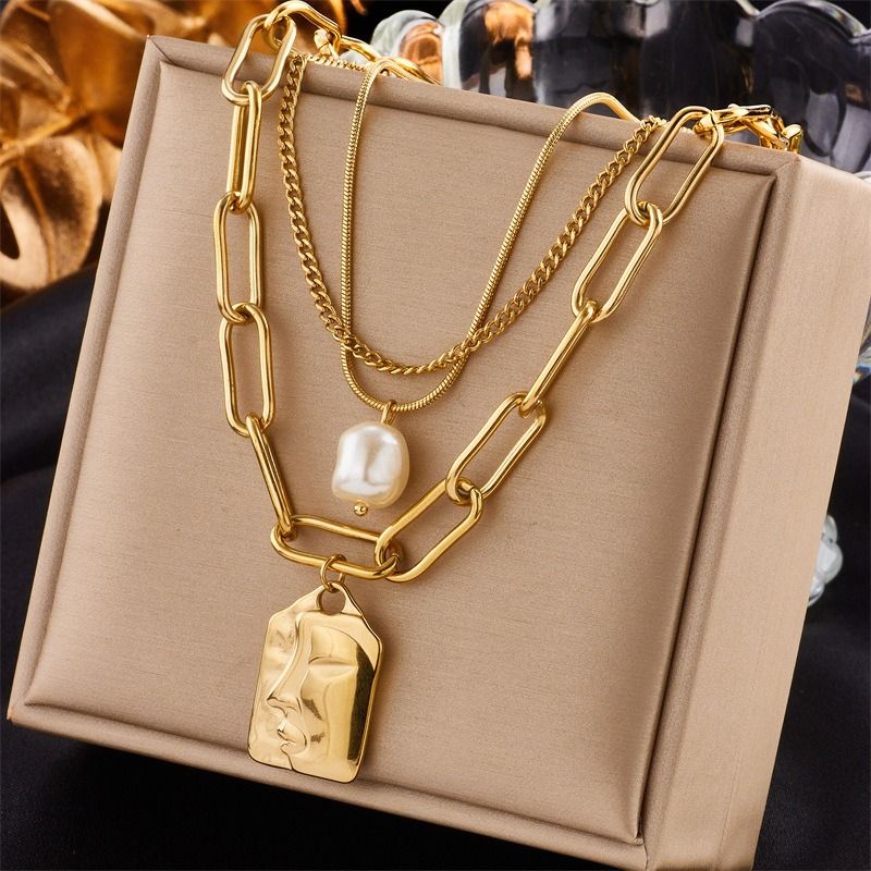 Artistic Face Pearl Necklace, Three-Strand Layered Gold-Plated Collar Necklace, Unique Women's Fashion Necklace - Silver