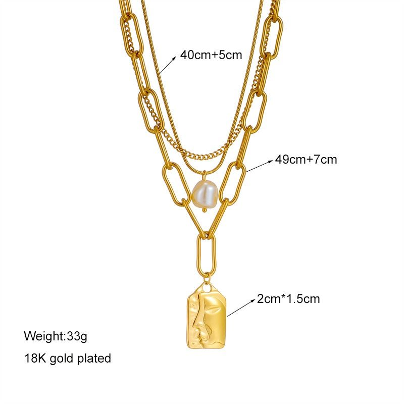 Artistic Face Pearl Necklace, Three-Strand Layered Gold-Plated Collar Necklace, Unique Women's Fashion Necklace - Silver