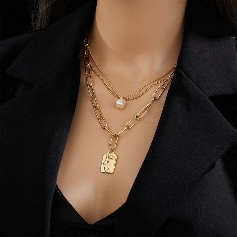 Artistic Face Pearl Necklace, Three-Strand Layered Gold-Plated Collar Necklace, Unique Women's Fashion Necklace - Silver