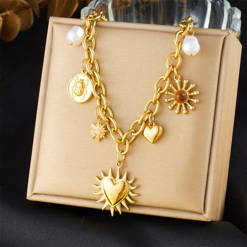 Bohemian-Style Multi-Charm Gold-Plated Necklace, Sun-Motif Heart-Shaped Pearl Cuban Chain, Trendy Women's Fashion Jewelry
