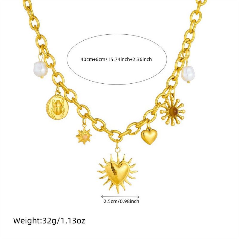 Bohemian-Style Multi-Charm Gold-Plated Necklace, Sun-Motif Heart-Shaped Pearl Cuban Chain, Trendy Women's Fashion Jewelry