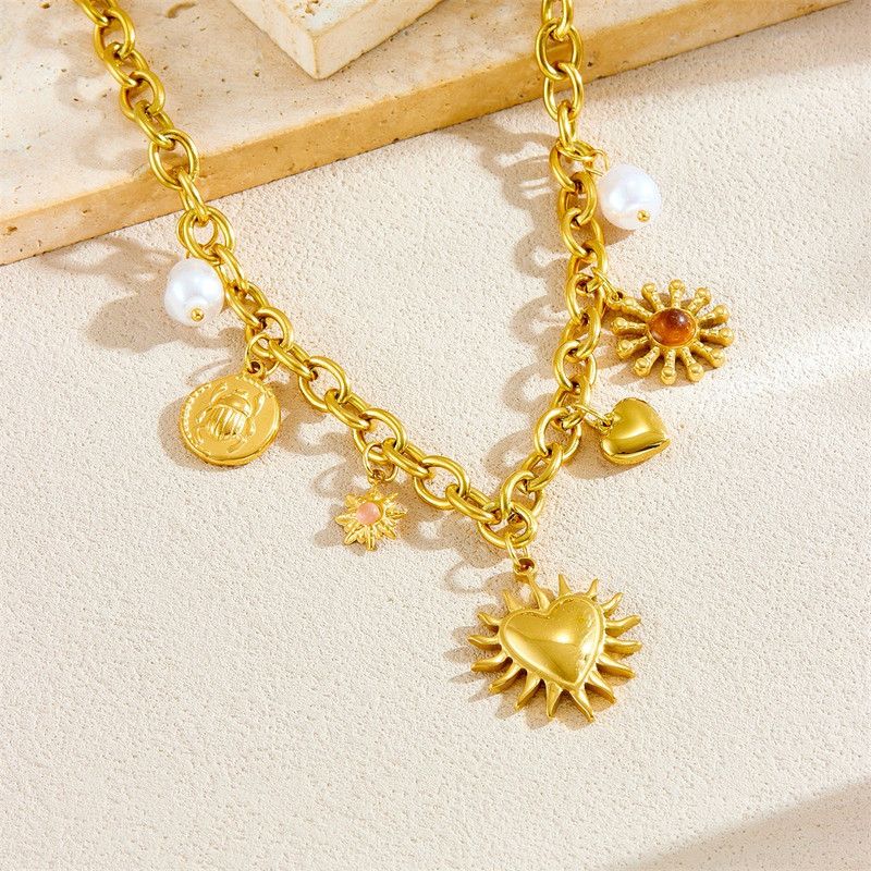 Bohemian-Style Multi-Charm Gold-Plated Necklace, Sun-Motif Heart-Shaped Pearl Cuban Chain, Trendy Women's Fashion Jewelry