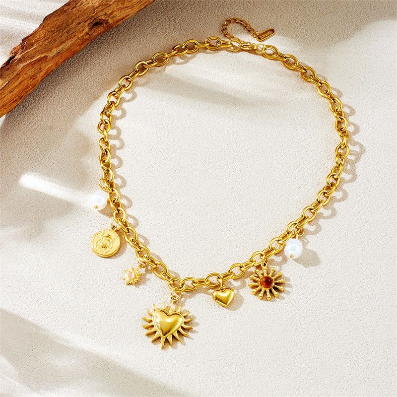 Bohemian-Style Multi-Charm Gold-Plated Necklace, Sun-Motif Heart-Shaped Pearl Cuban Chain, Trendy Women's Fashion Jewelry