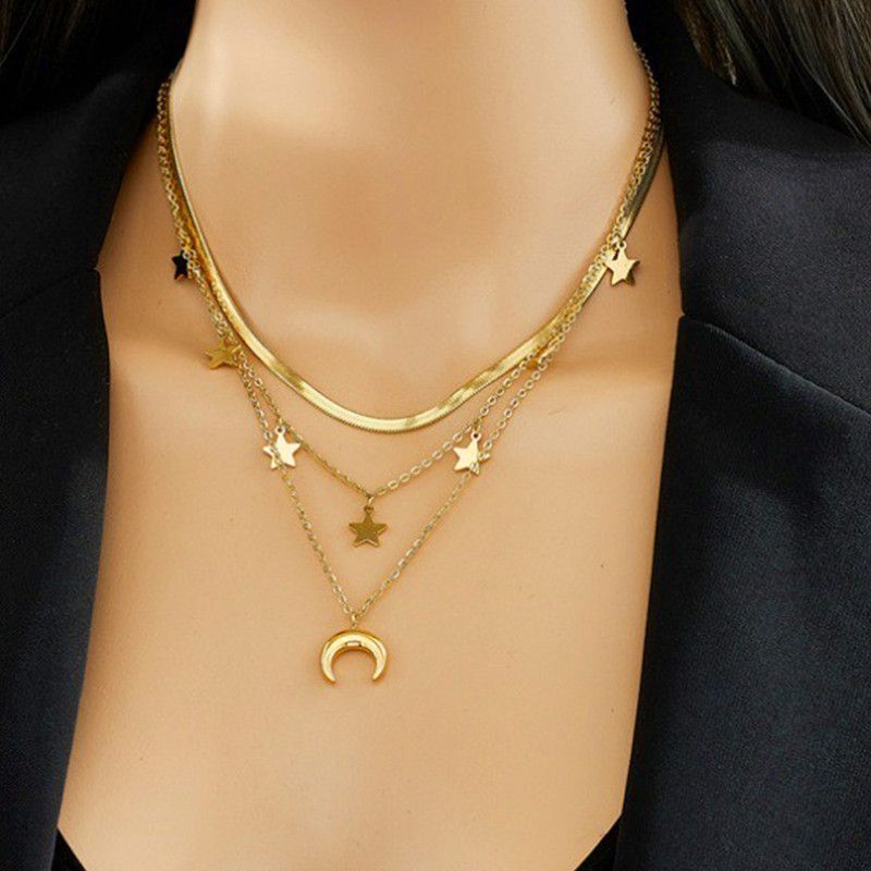 Triple-strand Star and Moon Titanium and Steel Necklace, 18K Gold-Plated Collar Chain, Women's Snake-Chain Jewelry