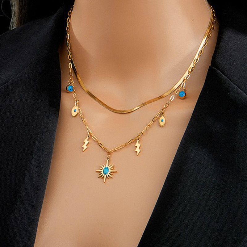 Double-layered bohemian-style necklace, 18K gold-plated titanium choker with eye and lightning bolt pendants