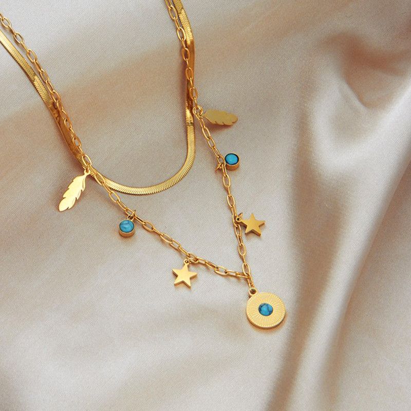 Bohemian-Style Double-Layer Layered Necklace: Gold-Plated Titanium Steel Collar Necklace—Unique Vintage Jewelry for Women