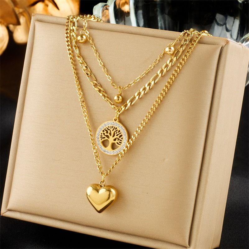 Three-Tier Layered Tree of Life Heart-Shaped Titanium Steel Necklace: 18K Gold-Plated Collar Chain—A Simple, Elegant Cuban Chain Necklace for Women