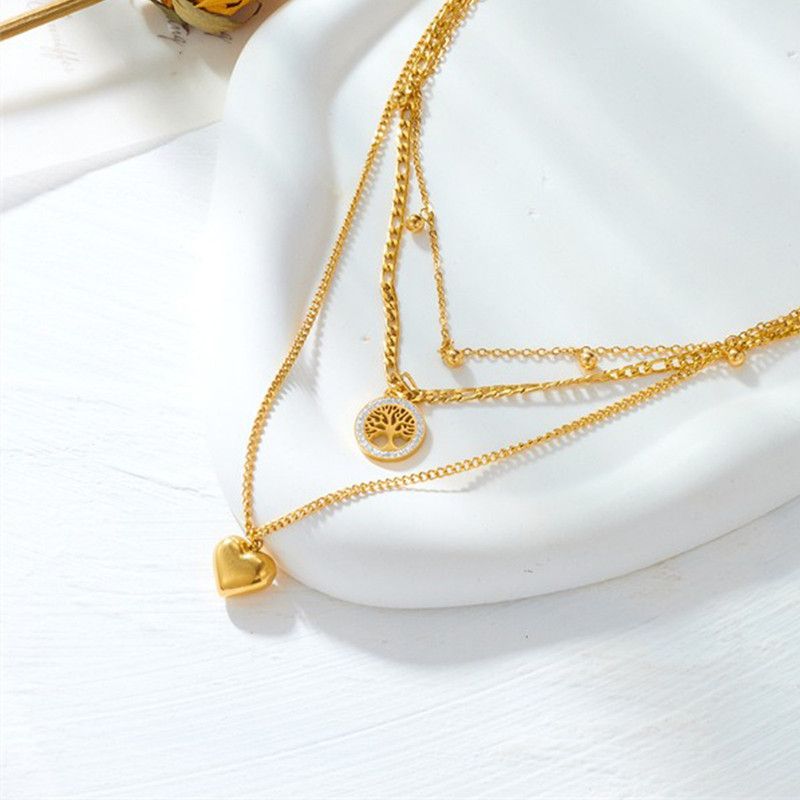Three-Tier Layered Tree of Life Heart-Shaped Titanium Steel Necklace: 18K Gold-Plated Collar Chain—A Simple, Elegant Cuban Chain Necklace for Women