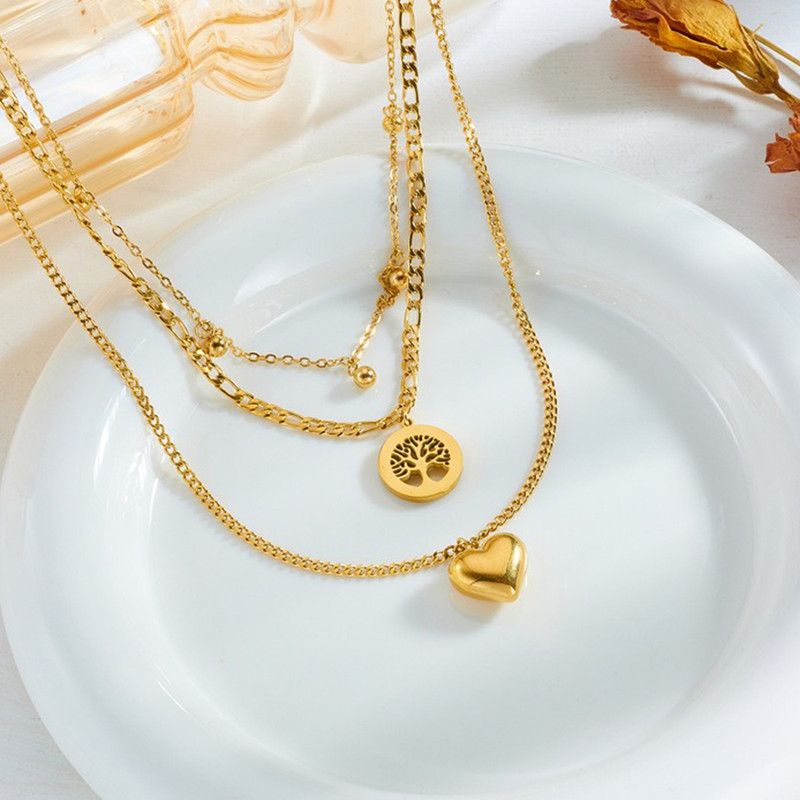 Three-Tier Layered Tree of Life Heart-Shaped Titanium Steel Necklace: 18K Gold-Plated Collar Chain—A Simple, Elegant Cuban Chain Necklace for Women