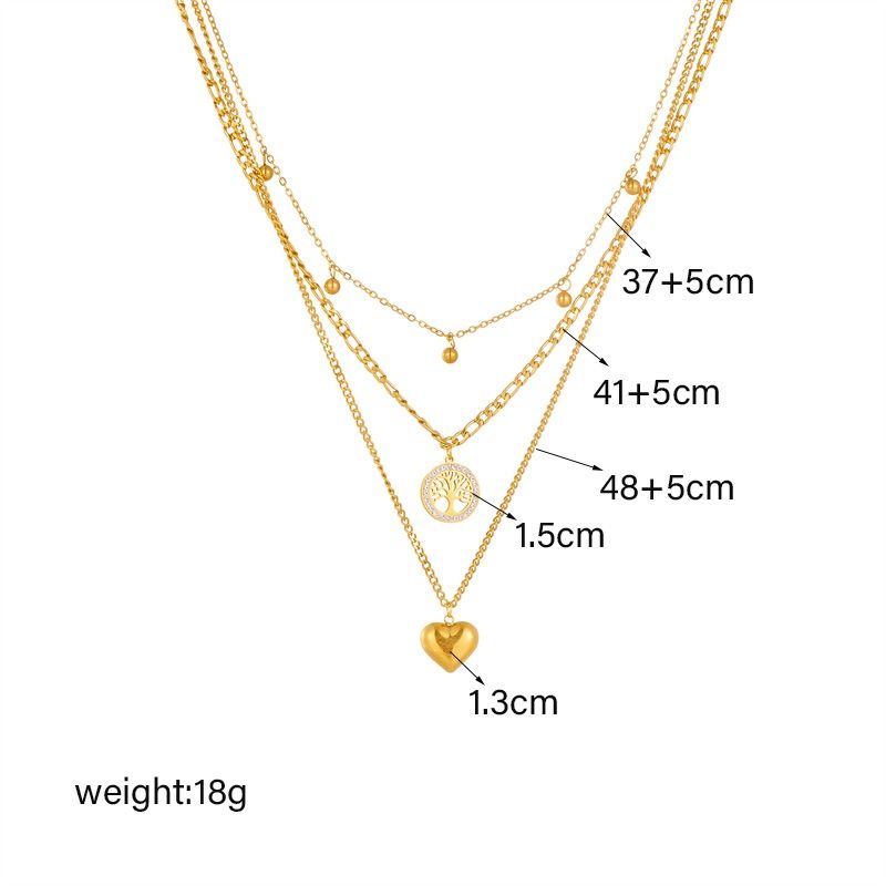 Three-Tier Layered Tree of Life Heart-Shaped Titanium Steel Necklace: 18K Gold-Plated Collar Chain—A Simple, Elegant Cuban Chain Necklace for Women