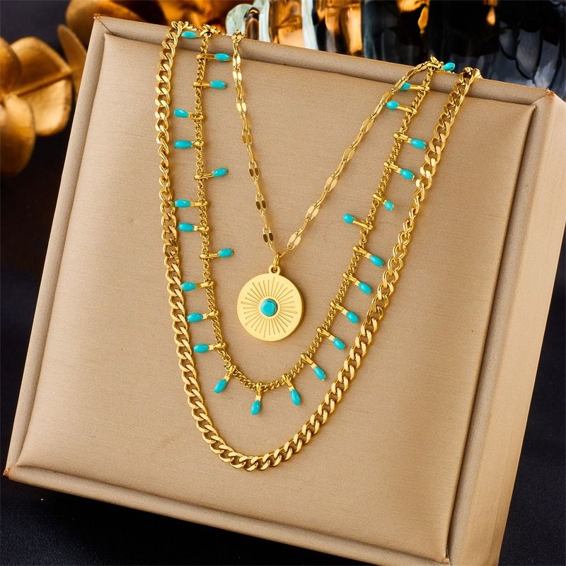 Bohemian-Style Three-Tier Turquoise Necklace with 18K Gold-Plated Titanium Collar Chain