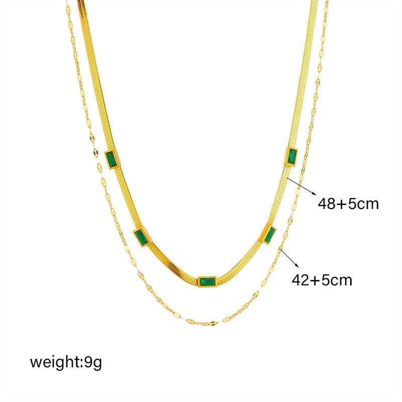 Double-Layer Zirconia Blade Chain Necklace, Gold-Plated Titanium Steel Women's Vintage-Style Luxury Necklace - Green