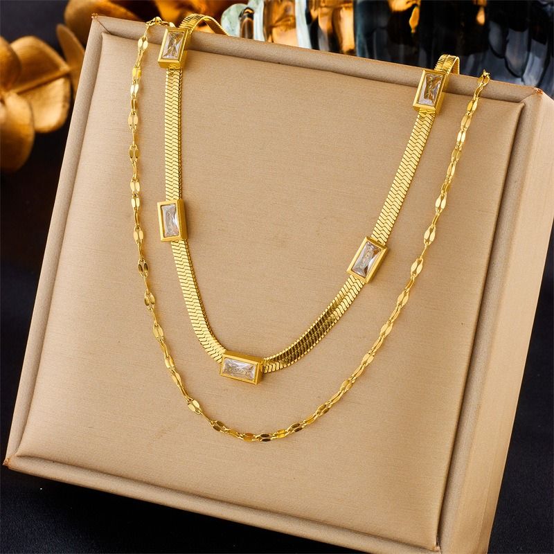 Zirconia Blade Chain Double-Layer Necklace, Gold-Plated Titanium Steel Women's Vintage-Style Luxury Necklace - Clear
