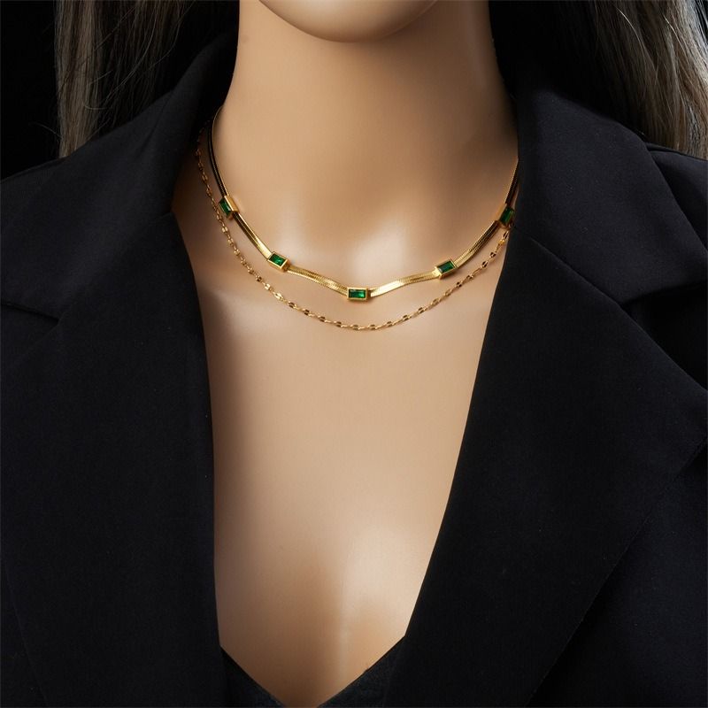 Zirconia Blade Chain Double-Layer Necklace, Gold-Plated Titanium Steel Women's Vintage-Style Luxury Necklace - Clear