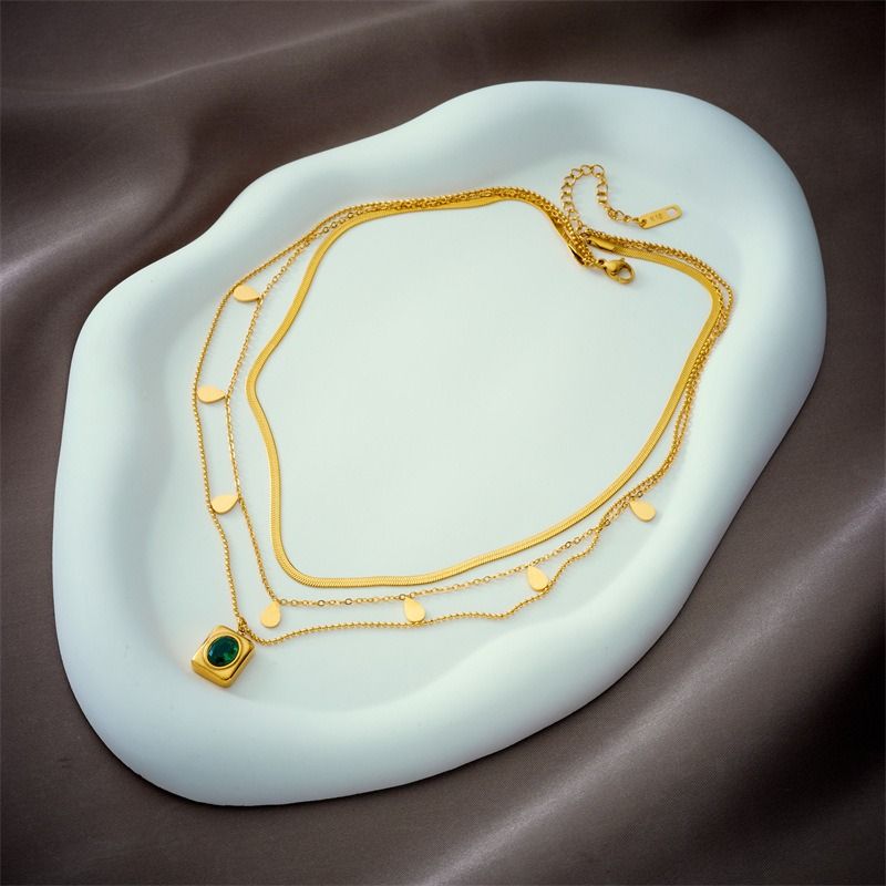 French Vintage Emerald Pendant Three-Tier Layered Necklace, 18K Gold-Plated Titanium Collier