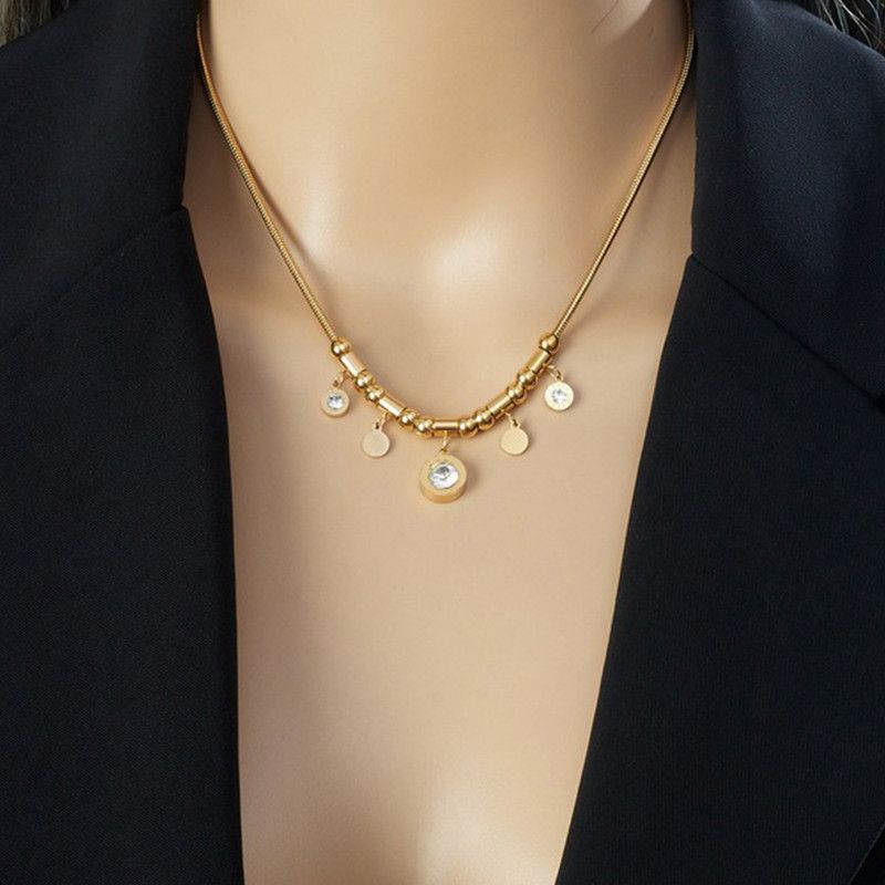 Roman-Style Diamond-Studded Round Bead Necklace, Gold-Plated Titanium Steel Collar Necklace, Unique Vintage Jewelry for Women
