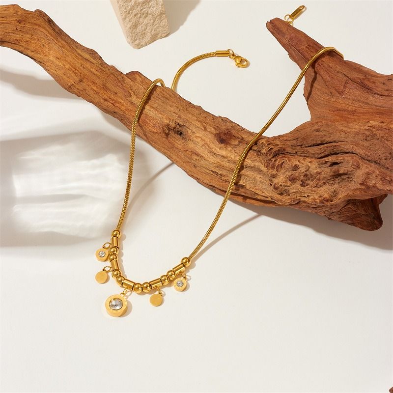 Roman-Style Diamond-Studded Round Bead Necklace, Gold-Plated Titanium Steel Collar Necklace, Unique Vintage Jewelry for Women