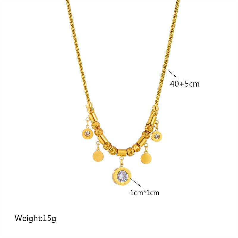 Roman-Style Diamond-Studded Round Bead Necklace, Gold-Plated Titanium Steel Collar Necklace, Unique Vintage Jewelry for Women