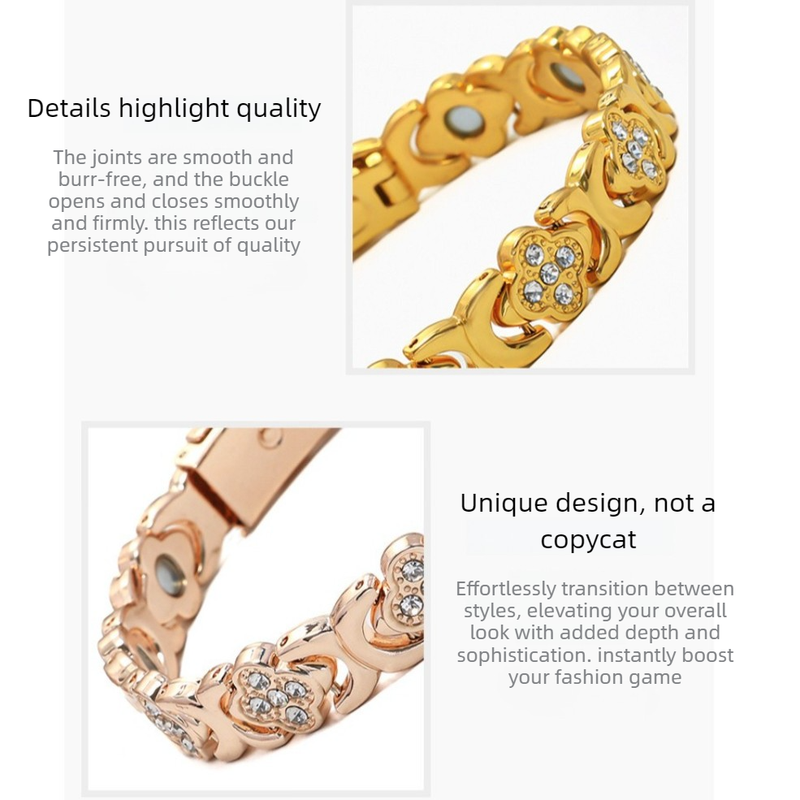 Lucky Clover Magnetic Bracelet with Free Heart Ring Set, Simple Everyday Women's Bracelet - Rose Gold