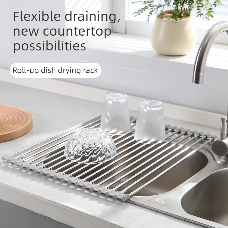 Roll Up Stainless Steel Sink Drying Rack, 47×35cm Multi-purpose Kitchen Sink Drain Mat with Non-slip TPE Edge for Fruits, Dishes