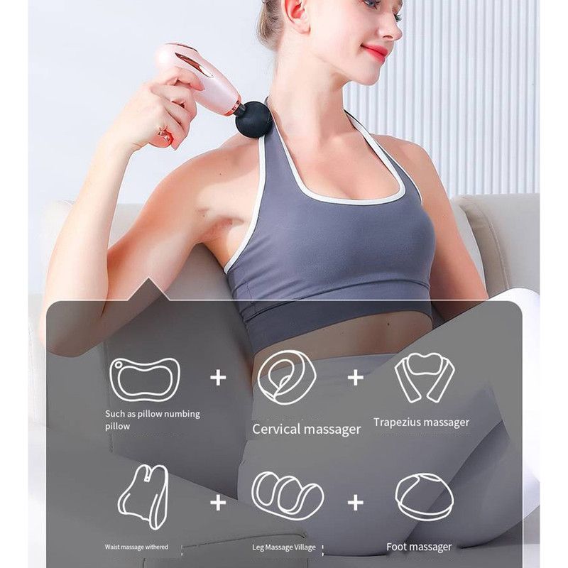 White - Portable Mini Fascia Gun with 4 Massage Heads, Type-C Rechargeable Low-Noise Handheld Percussion Massager for the Gym
