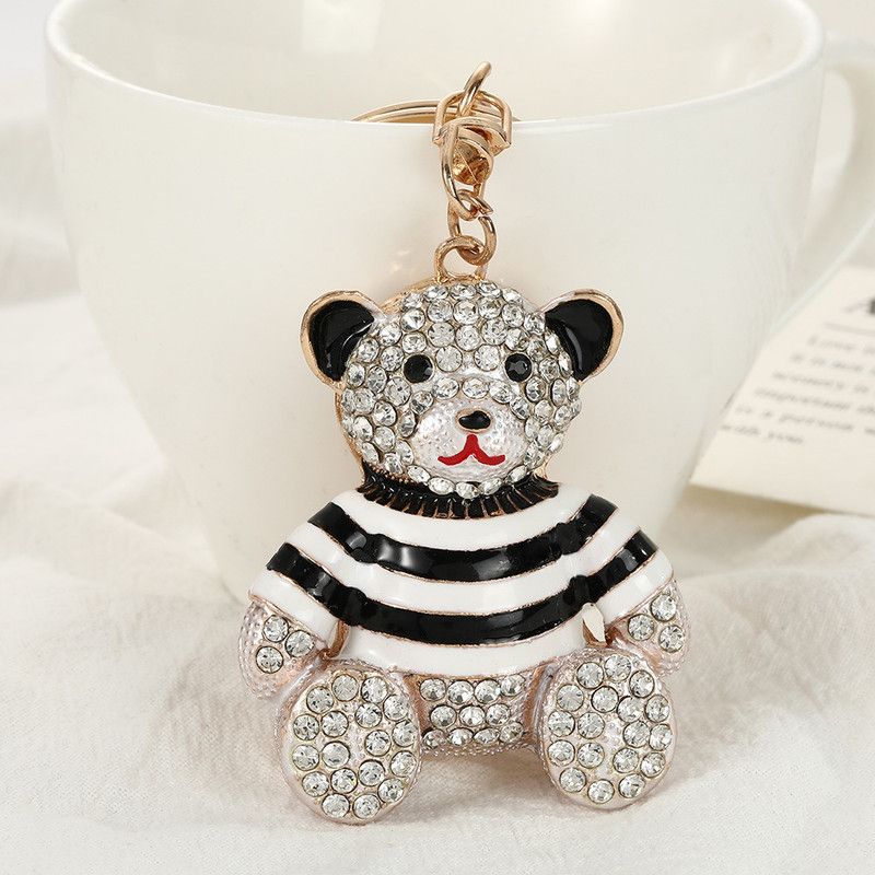 Black - Rhinestone Striped Bear Keychain, Cute Enamel Cartoon Bear Bag Charm Pendant, Alloy Bling Key Ring Accessories for Gifts & Bag Decoration
