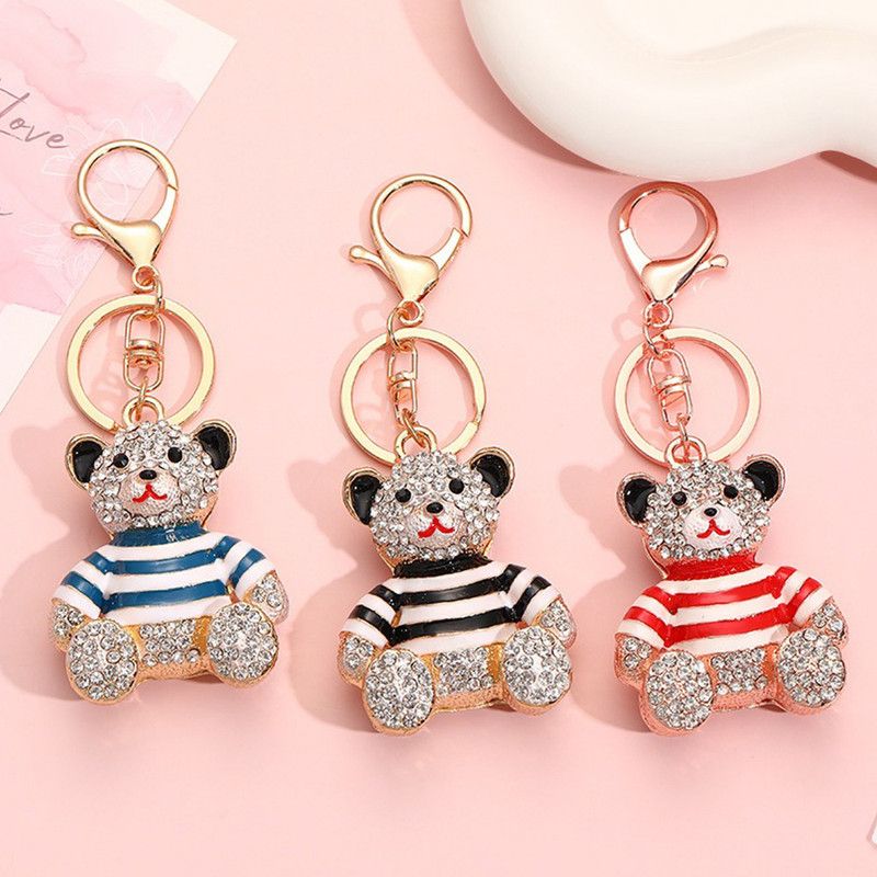 Black - Rhinestone Striped Bear Keychain, Cute Enamel Cartoon Bear Bag Charm Pendant, Alloy Bling Key Ring Accessories for Gifts & Bag Decoration