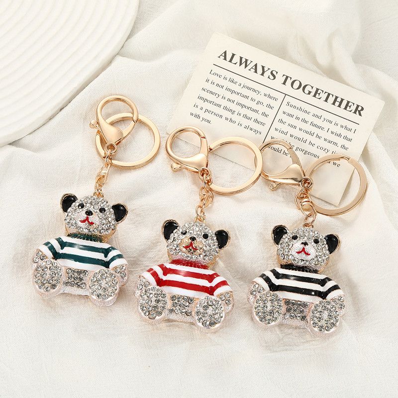 Red - Rhinestone Striped Bear Keychain, Cute Enamel Cartoon Bear Bag Charm Pendant, Alloy Bling Key Ring Accessories for Gifts & Bag Decoration