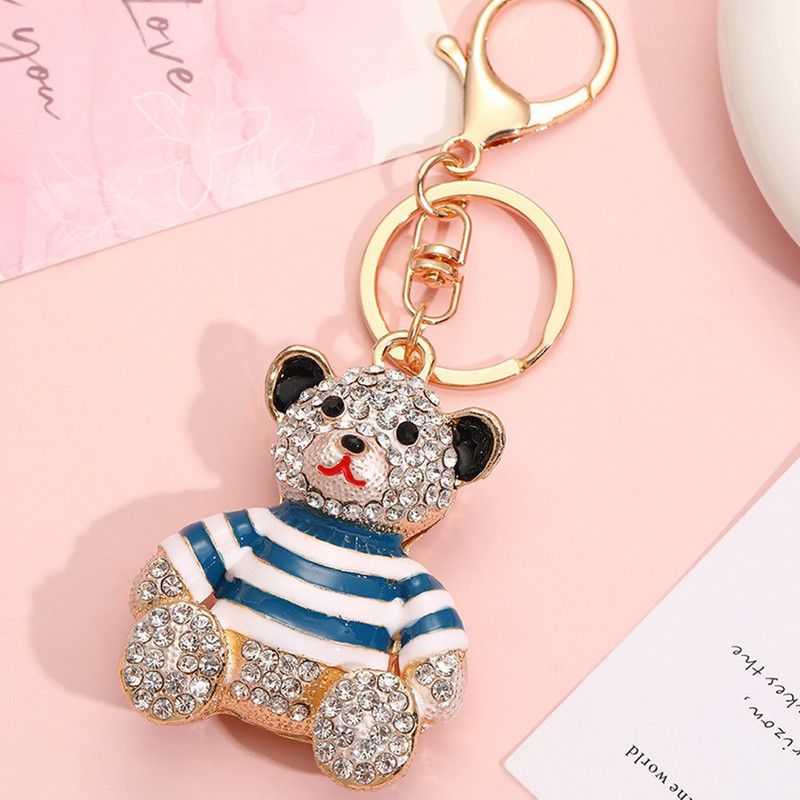 Blue - Rhinestone Striped Bear Keychain, Cute Enamel Cartoon Bear Bag Charm Pendant, Alloy Bling Key Ring Accessories for Gifts & Bag Decoration
