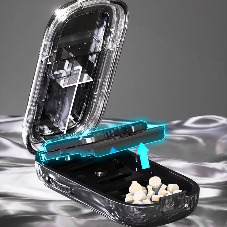 2-in-1 Pill Cutter with Storage Box, Adjustable Rotary Clip Pill Splitter for Halving and Quartering, Portable Travel Medicine Container for Various Tablet Sizes - White