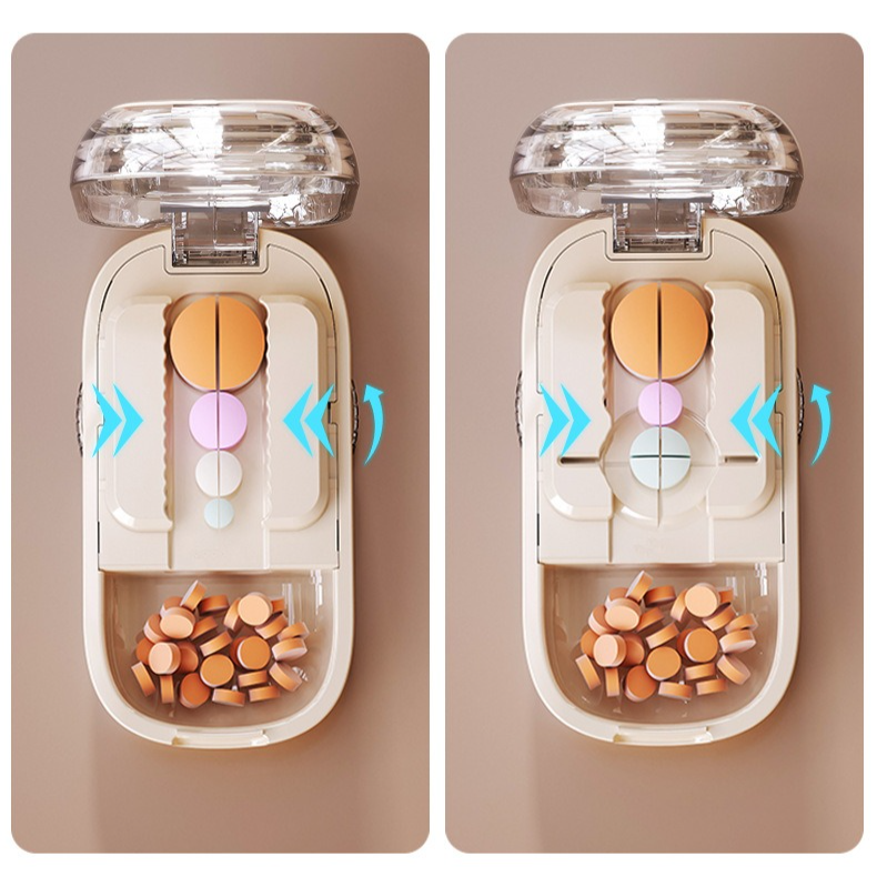 2-in-1 Pill Cutter with Storage Box, Adjustable Rotary Clip Pill Splitter for Halving and Quartering, Portable Travel Medicine Container for Various Tablet Sizes—Blue