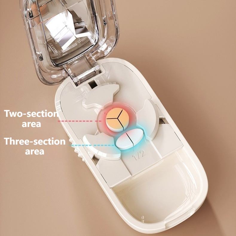 2-in-1 Pill Cutter with Storage Case, 1/2 & 1/3 Equal Parts Adjustable Tablet Splitter, Portable Travel Medicine Box - White