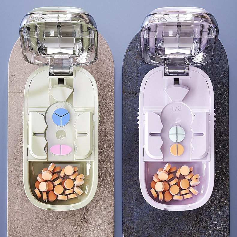 3-in-1 Pill Cutter with Storage Box, 2/3/4 Equal Parts Adjustable Tablet Splitter, Portable Travel Medicine Container - Pink