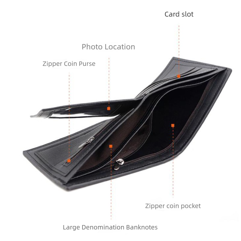 Men's Short Bifold PU Wallet, Geometric Embossed Billfold with Multiple Card Slots and Zipper Coin Pocket for Business, Casual, and Daily Use - Black