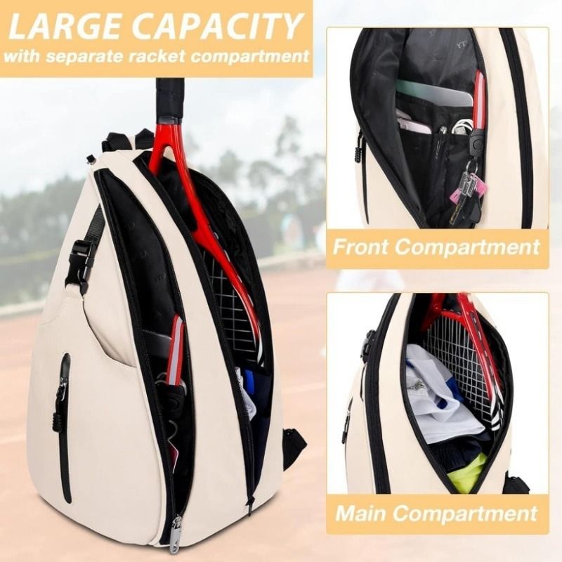 Multifunction Sling Tennis Bag, Waterproof Oxford Crossbody Sports Backpack, with Water Bottle Pocket & Hidden Ball Compartment—Pink