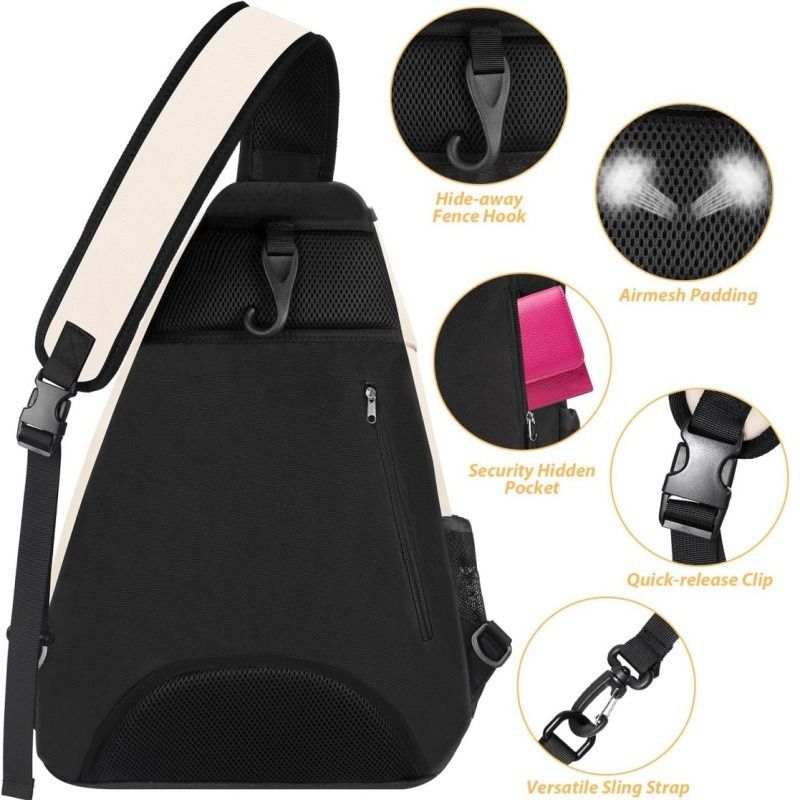 Multifunction Sling Tennis Bag, Waterproof Oxford Crossbody Sports Backpack, with Water Bottle Pocket & Hidden Ball Compartment—Black
